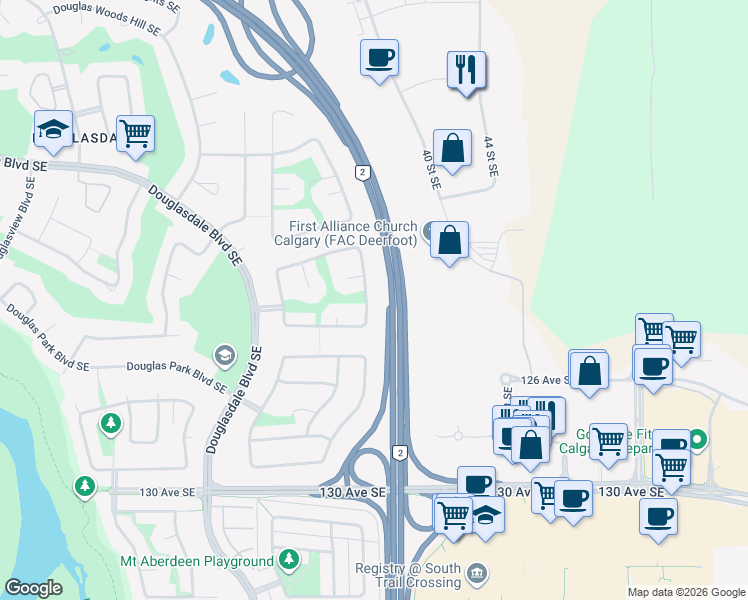 map of restaurants, bars, coffee shops, grocery stores, and more near 220 Douglas Ridge Green Southeast in Calgary