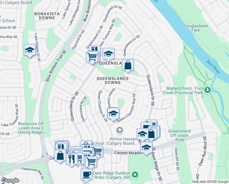 map of restaurants, bars, coffee shops, grocery stores, and more near 452 Queen Charlotte Road Southeast in Calgary