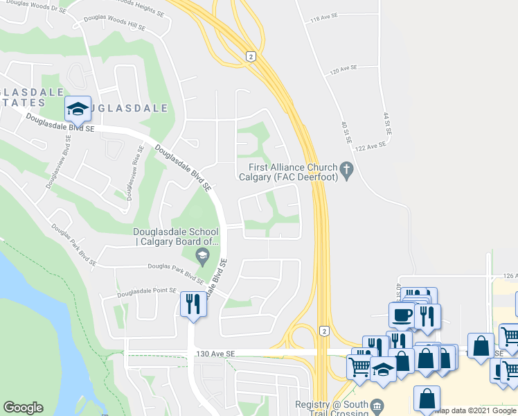 map of restaurants, bars, coffee shops, grocery stores, and more near 137 Douglas Ridge Place Southeast in Calgary