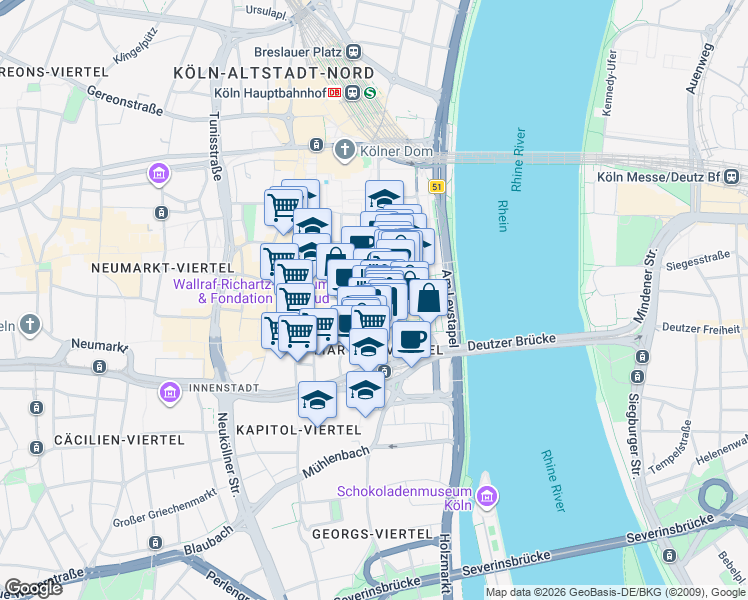 map of restaurants, bars, coffee shops, grocery stores, and more near 11 Marsplatz in Cologne