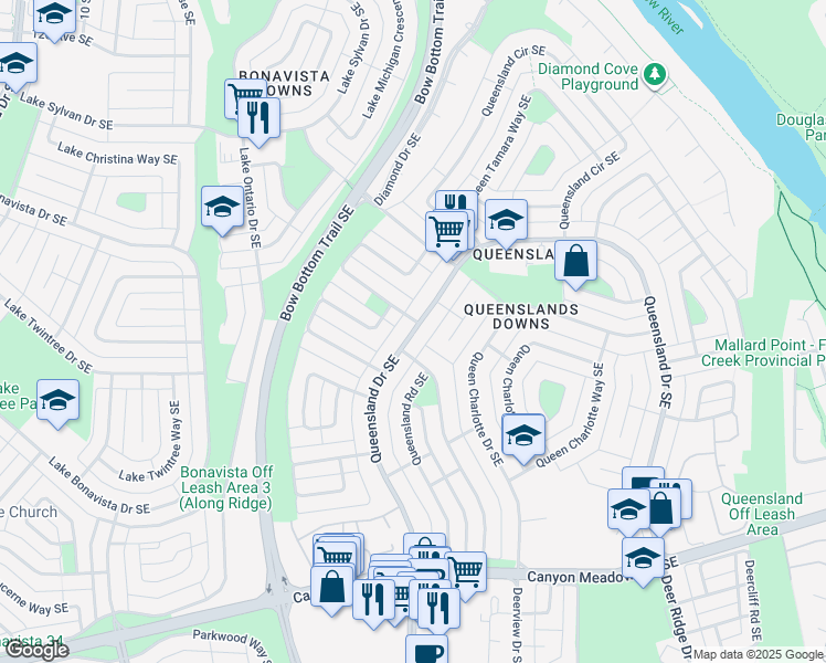 map of restaurants, bars, coffee shops, grocery stores, and more near Queensland Drive Southeast in Calgary