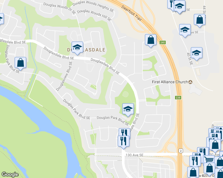map of restaurants, bars, coffee shops, grocery stores, and more near 46 Douglasview Road Southeast in Calgary