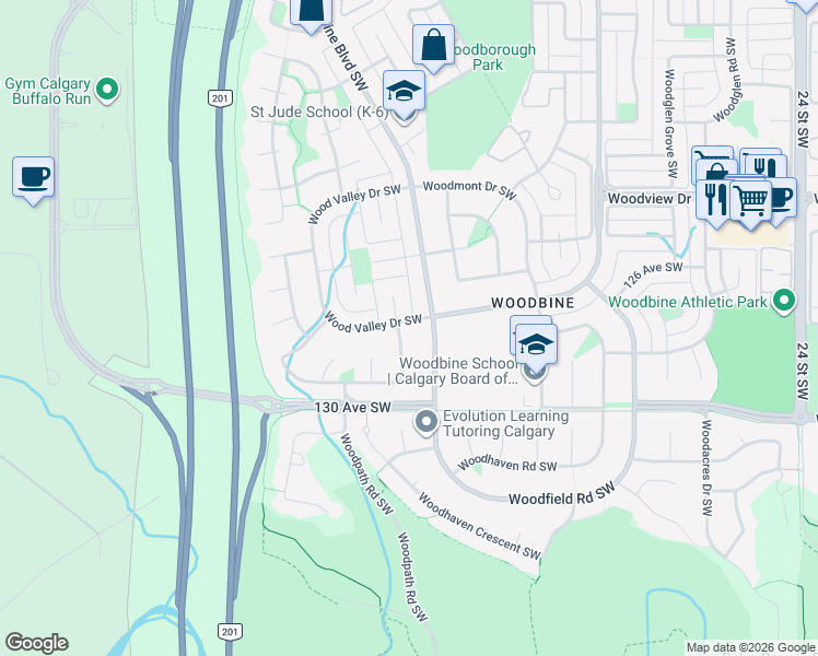 map of restaurants, bars, coffee shops, grocery stores, and more near 309 Wood Valley Place Southwest in Calgary