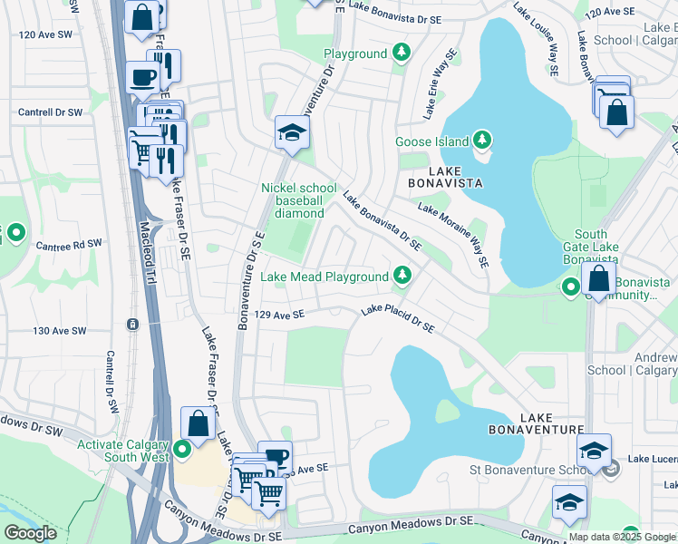 map of restaurants, bars, coffee shops, grocery stores, and more near 319 Lake Mead Crescent Southeast in Calgary