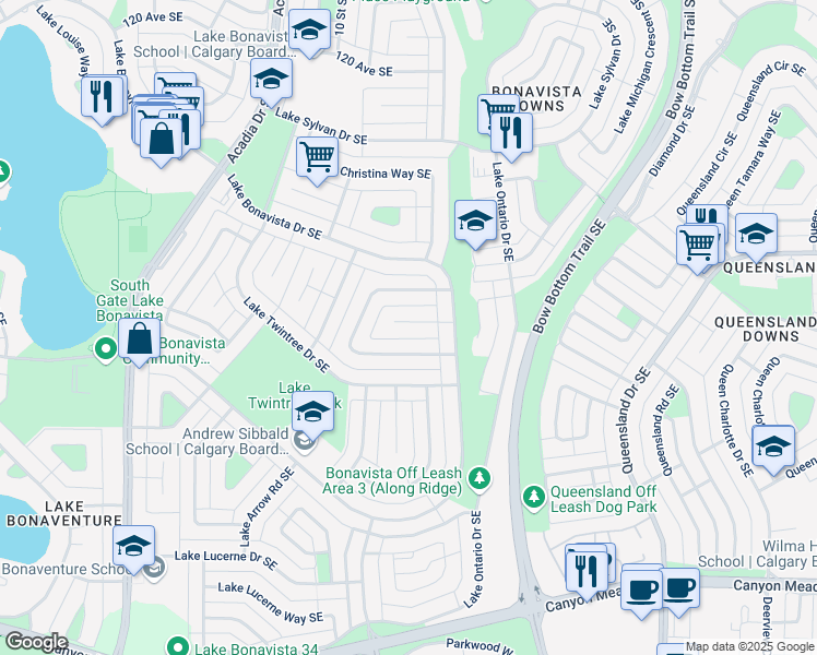 map of restaurants, bars, coffee shops, grocery stores, and more near 23 Lake Sundance Place Southeast in Calgary