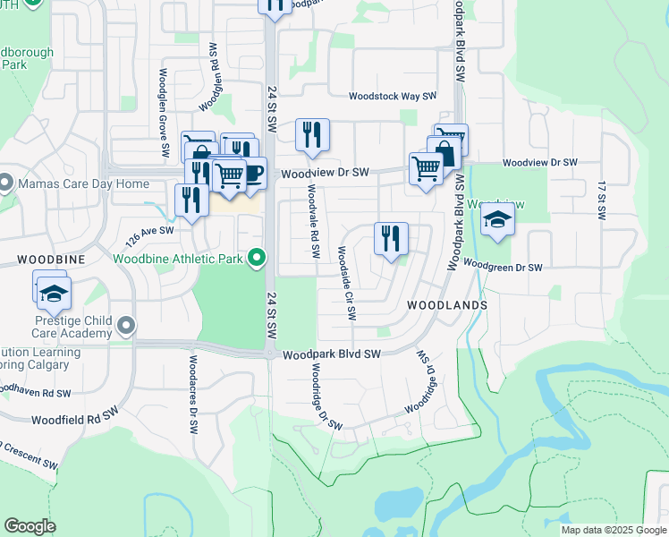 map of restaurants, bars, coffee shops, grocery stores, and more near 108 Woodvale Road Southwest in Calgary
