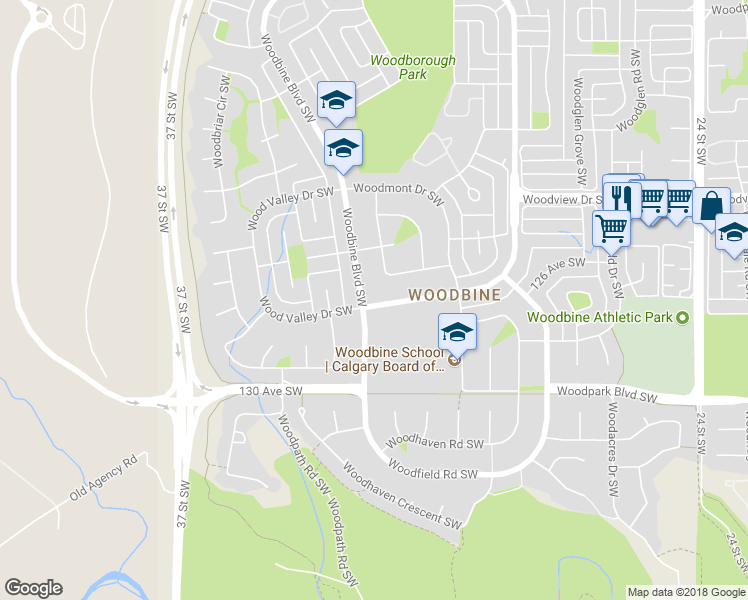 map of restaurants, bars, coffee shops, grocery stores, and more near 8 Woodbine Boulevard Southwest in Calgary