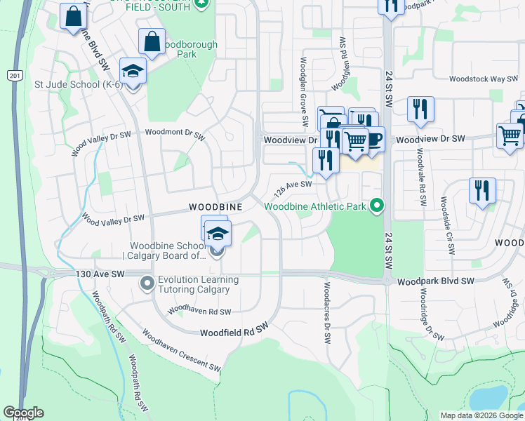 map of restaurants, bars, coffee shops, grocery stores, and more near 376 Woodfield Road Southwest in Calgary