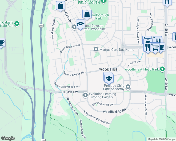 map of restaurants, bars, coffee shops, grocery stores, and more near 8 Woodbine Boulevard Southwest in Calgary