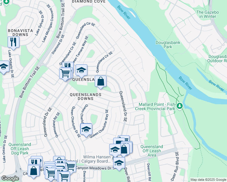 map of restaurants, bars, coffee shops, grocery stores, and more near 399 Queensland Place Southeast in Calgary