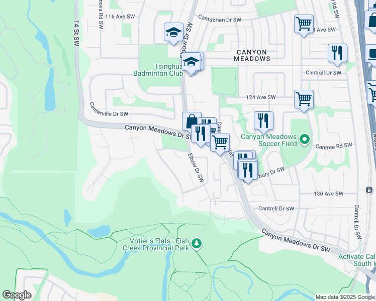 map of restaurants, bars, coffee shops, grocery stores, and more near 12777 Candle Crescent Southwest in Calgary
