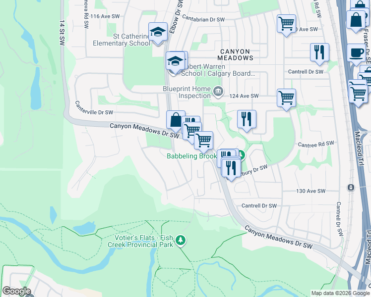 map of restaurants, bars, coffee shops, grocery stores, and more near 1065 Canyon Meadows Dr SW in Calgary
