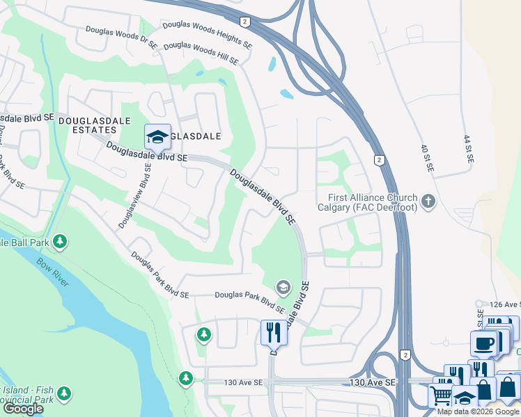 map of restaurants, bars, coffee shops, grocery stores, and more near 46 Douglasview Road Southeast in Calgary