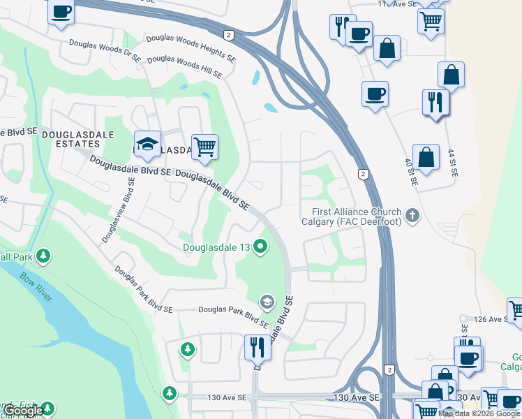 map of restaurants, bars, coffee shops, grocery stores, and more near in Calgary