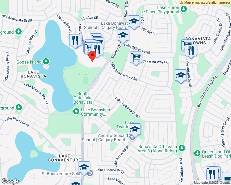 map of restaurants, bars, coffee shops, grocery stores, and more near 1040 Lake Twintree Drive Southeast in Calgary
