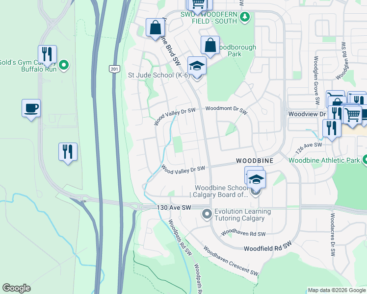 map of restaurants, bars, coffee shops, grocery stores, and more near 43 Wood Valley Mews Southwest in Calgary