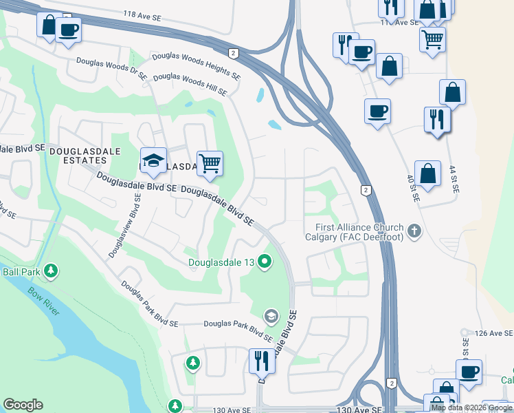 map of restaurants, bars, coffee shops, grocery stores, and more near 569 Douglas Woods Mews Southeast in Calgary