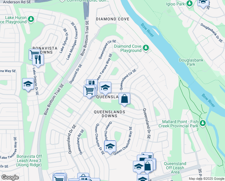 map of restaurants, bars, coffee shops, grocery stores, and more near 636 Queensland Drive Southeast in Calgary