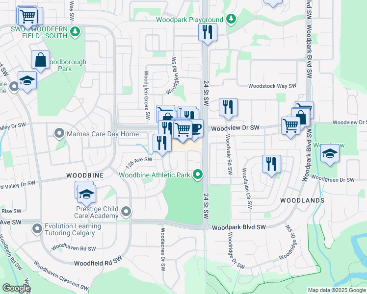 map of restaurants, bars, coffee shops, grocery stores, and more near 2525 Woodview Drive Southwest in Calgary