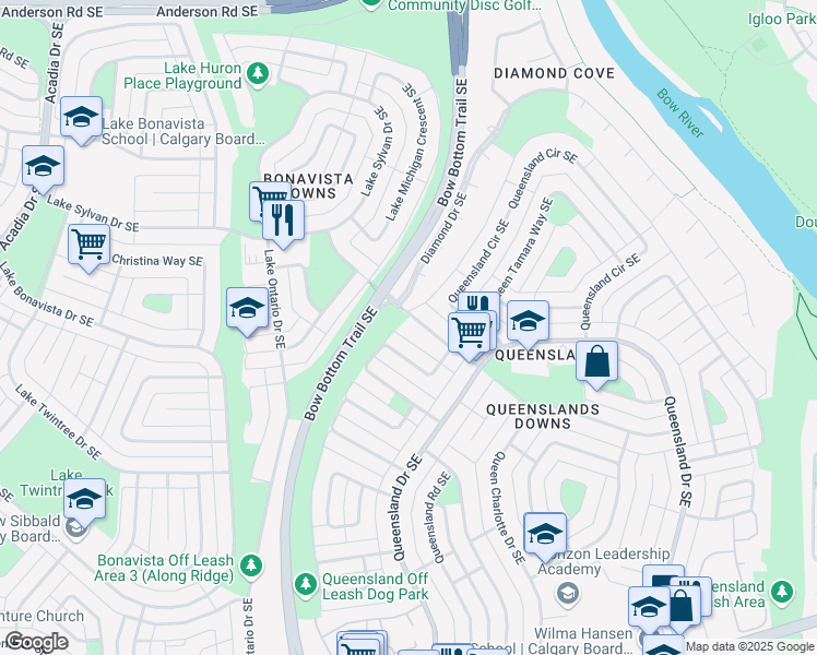 map of restaurants, bars, coffee shops, grocery stores, and more near 239 Queensland Place Southeast in Calgary