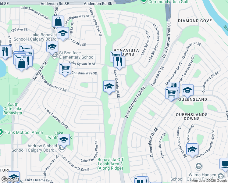 map of restaurants, bars, coffee shops, grocery stores, and more near 239 Lake Ontario Place Southeast in Calgary