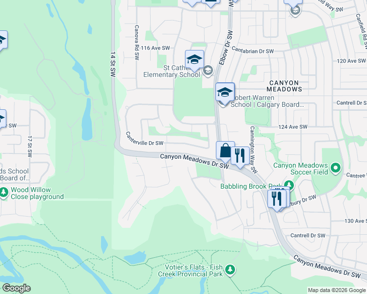map of restaurants, bars, coffee shops, grocery stores, and more near 228 Canterville Drive Southwest in Calgary