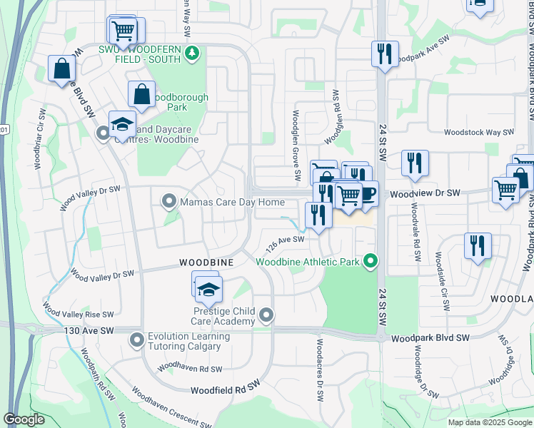 map of restaurants, bars, coffee shops, grocery stores, and more near 116 Woodfield Close Southwest in Calgary
