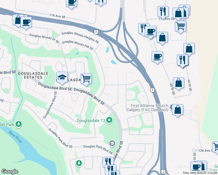 map of restaurants, bars, coffee shops, grocery stores, and more near 569 Douglas Woods Mews Southeast in Calgary