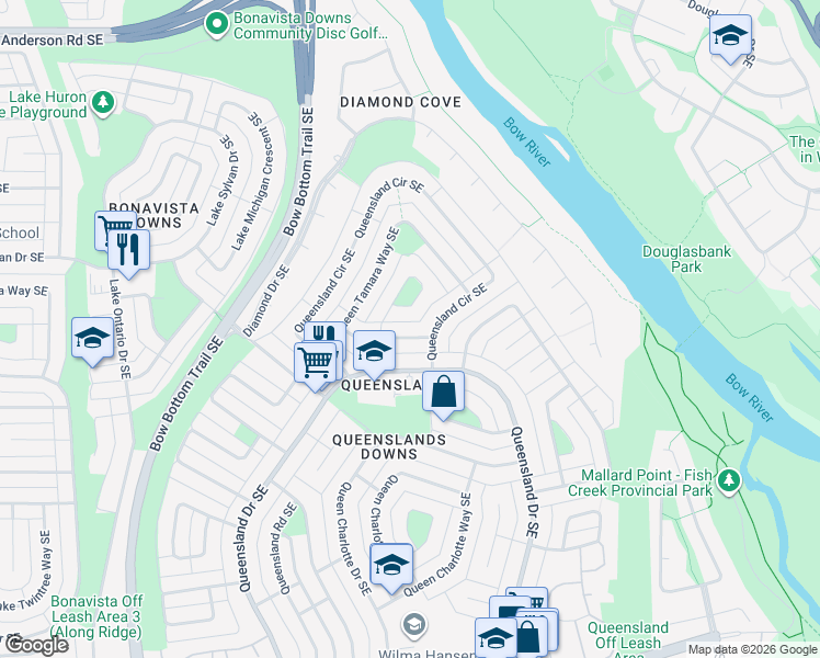 map of restaurants, bars, coffee shops, grocery stores, and more near 132 Queen Tamara Place Southeast in Calgary
