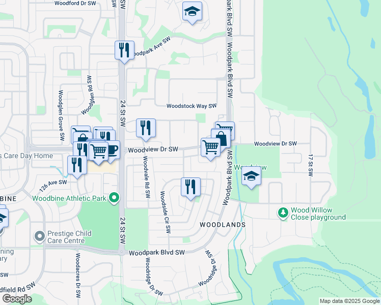 map of restaurants, bars, coffee shops, grocery stores, and more near 2205 Woodview Drive Southwest in Calgary