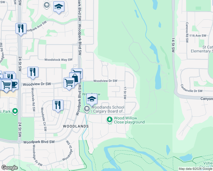 map of restaurants, bars, coffee shops, grocery stores, and more near 1991 Woodview Drive Southwest in Calgary