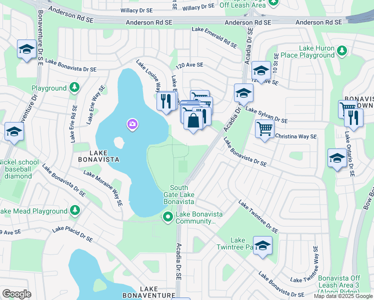 map of restaurants, bars, coffee shops, grocery stores, and more near 757 Lake Bonavista Drive Southeast in Calgary