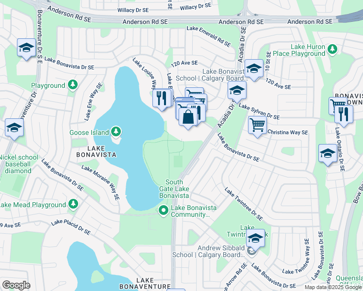 map of restaurants, bars, coffee shops, grocery stores, and more near 757 Lake Bonavista Drive Southeast in Calgary