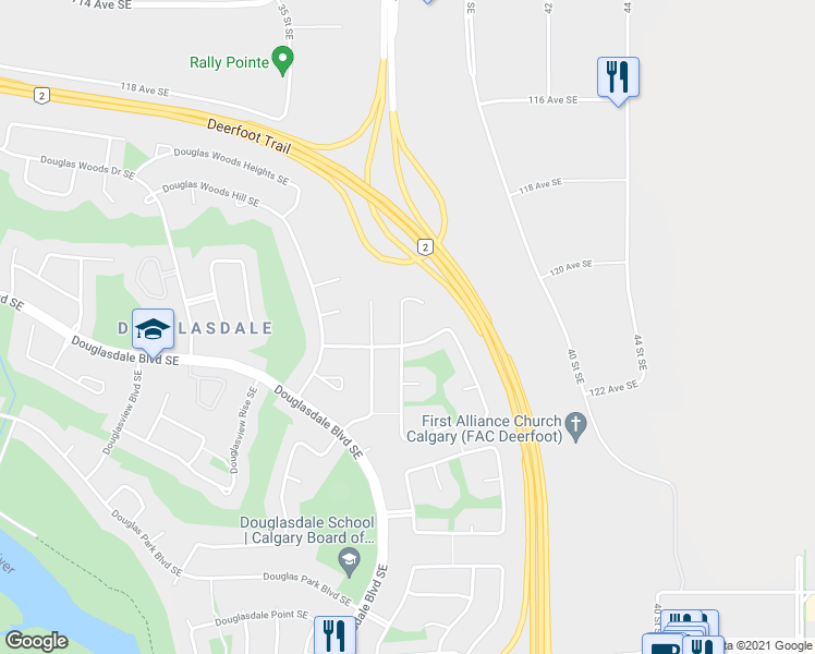 map of restaurants, bars, coffee shops, grocery stores, and more near 112 Douglas Ridge Mews Southeast in Calgary