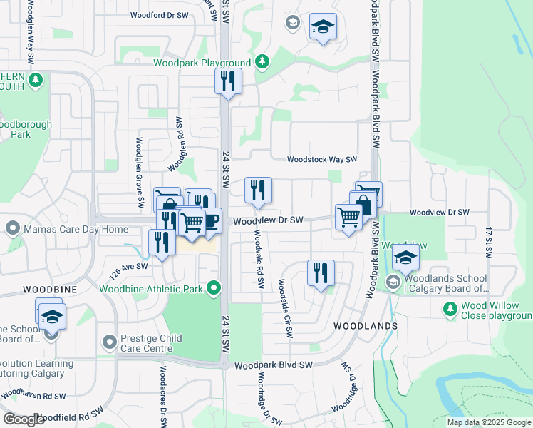 map of restaurants, bars, coffee shops, grocery stores, and more near 2332 Woodview Drive Southwest in Calgary