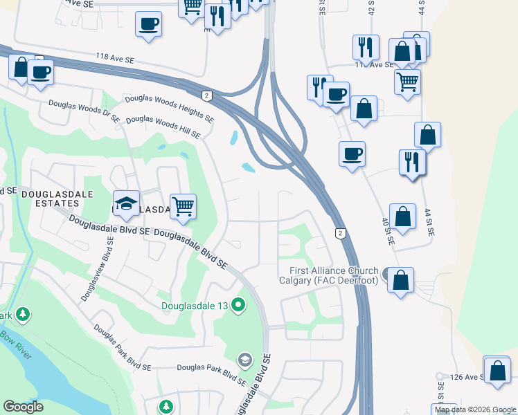 map of restaurants, bars, coffee shops, grocery stores, and more near Douglas Woods Gardens Southeast in Calgary