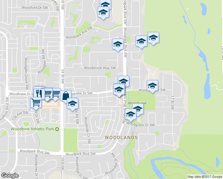 map of restaurants, bars, coffee shops, grocery stores, and more near 1207 Woodview Drive Southwest in Calgary