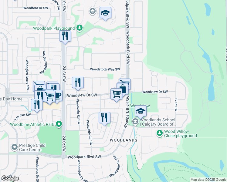 map of restaurants, bars, coffee shops, grocery stores, and more near 1207 Woodview Drive Southwest in Calgary