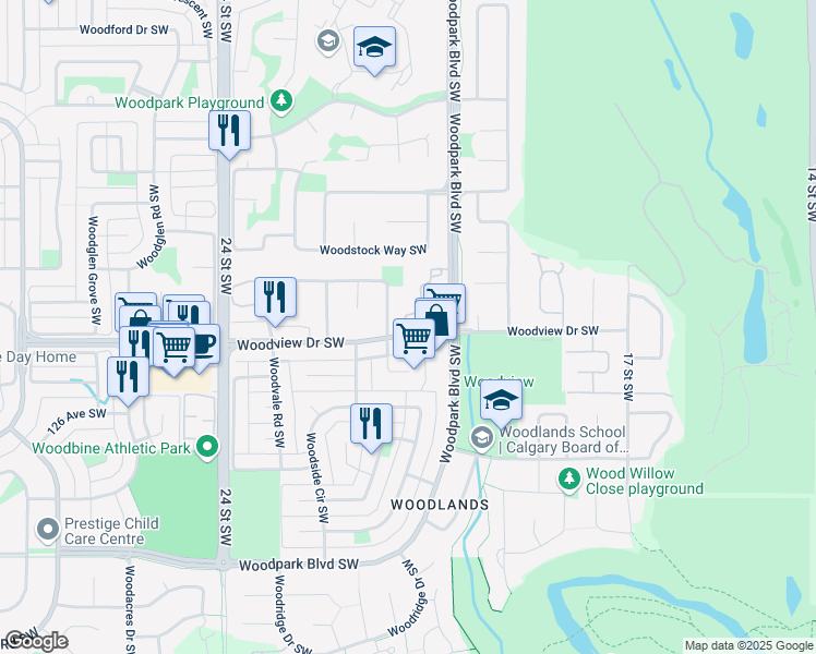 map of restaurants, bars, coffee shops, grocery stores, and more near 1207 Woodview Drive Southwest in Calgary
