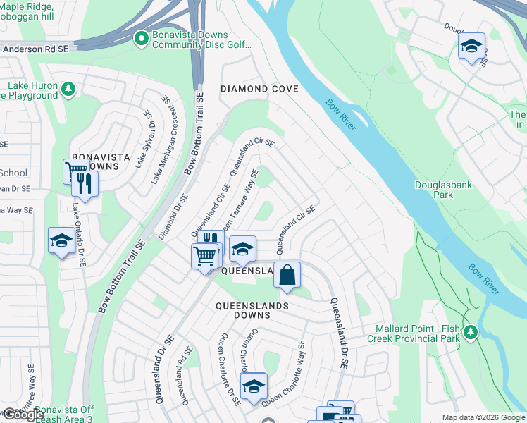map of restaurants, bars, coffee shops, grocery stores, and more near 132 Queen Tamara Place Southeast in Calgary