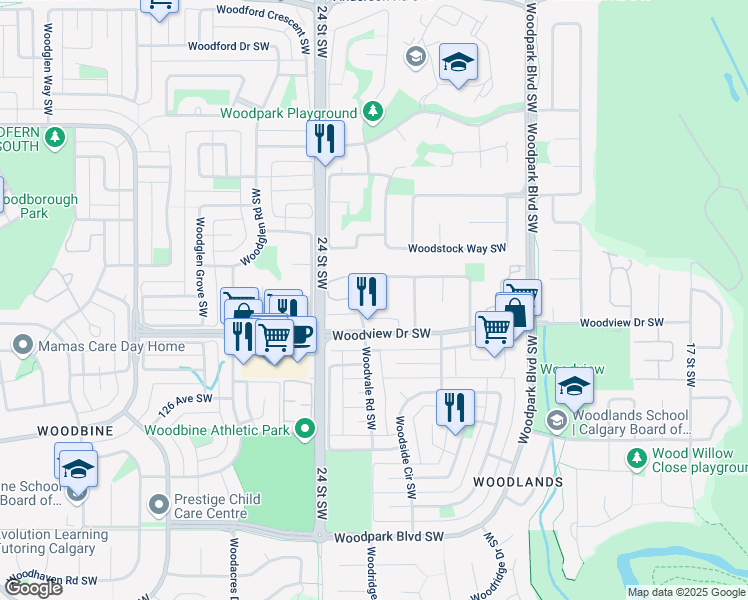 map of restaurants, bars, coffee shops, grocery stores, and more near 2332 Woodview Drive Southwest in Calgary