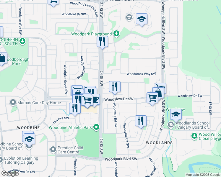 map of restaurants, bars, coffee shops, grocery stores, and more near 64 Woodview Terrace Southwest in Calgary