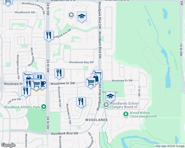 map of restaurants, bars, coffee shops, grocery stores, and more near 2200 Woodview Drive Southwest in Calgary