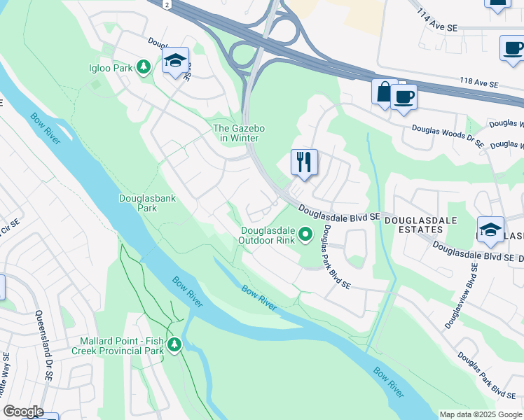 map of restaurants, bars, coffee shops, grocery stores, and more near Douglasbank Gardens Southeast in Calgary