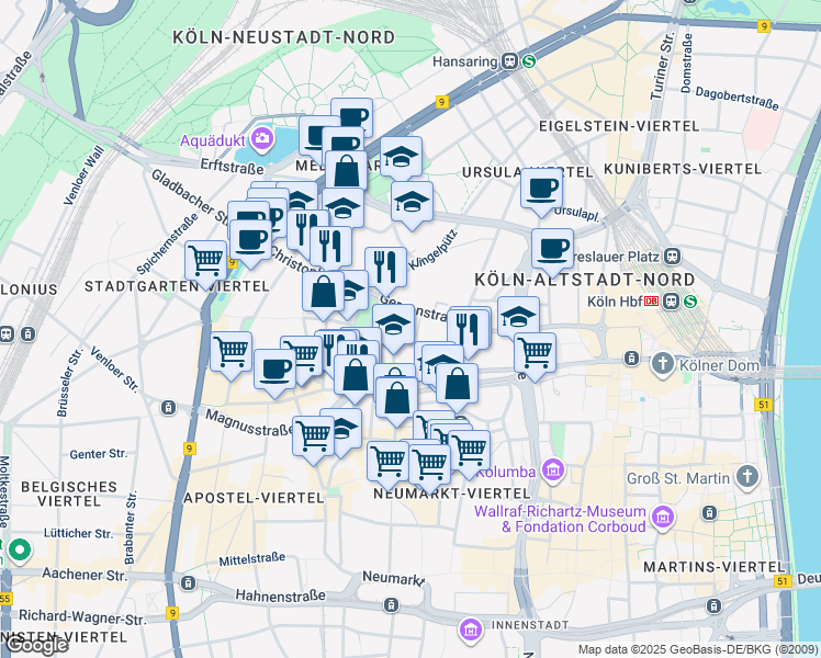 map of restaurants, bars, coffee shops, grocery stores, and more near 43 Gereonstraße in Köln