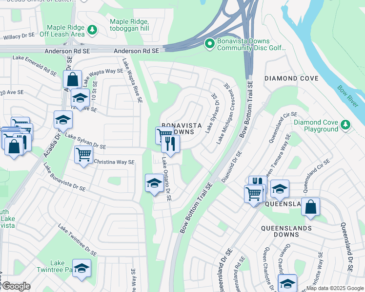 map of restaurants, bars, coffee shops, grocery stores, and more near 1228 Lake Sylvan Drive Southeast in Calgary