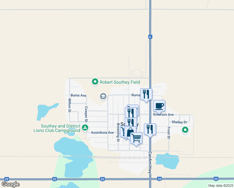 map of restaurants, bars, coffee shops, grocery stores, and more near 356 Burns Avenue in Southey