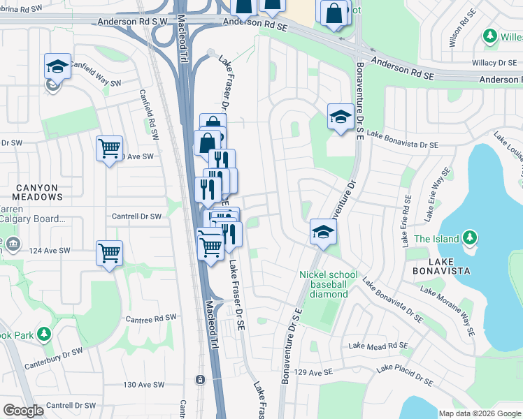 map of restaurants, bars, coffee shops, grocery stores, and more near 12207 Lake Fraser Way Southeast in Calgary