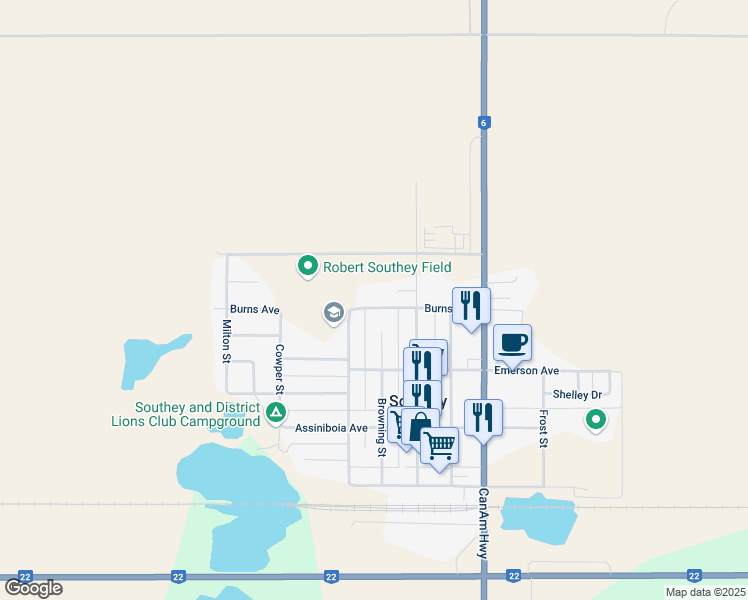 map of restaurants, bars, coffee shops, grocery stores, and more near 356 Burns Avenue in Southey