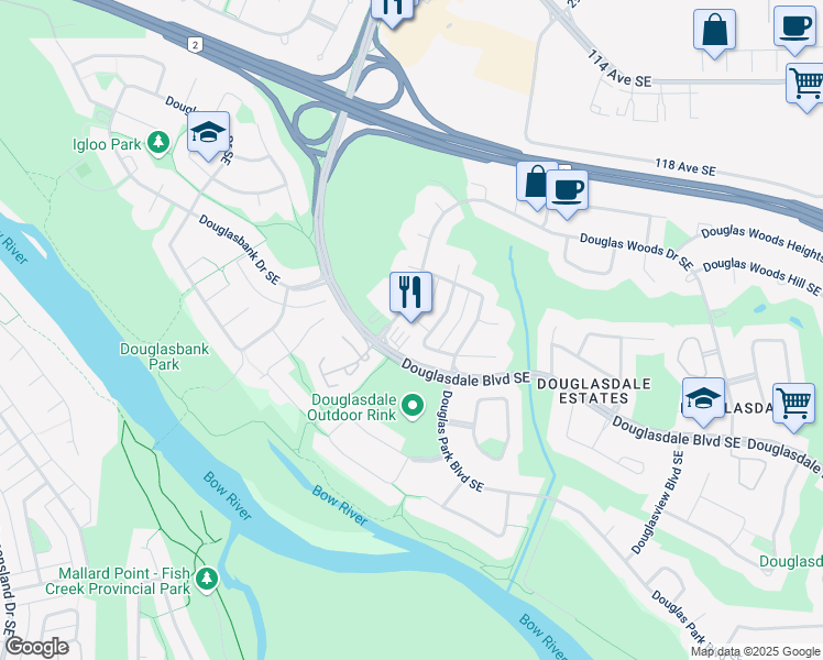 map of restaurants, bars, coffee shops, grocery stores, and more near 20 Douglas Woods Drive Southeast in Calgary